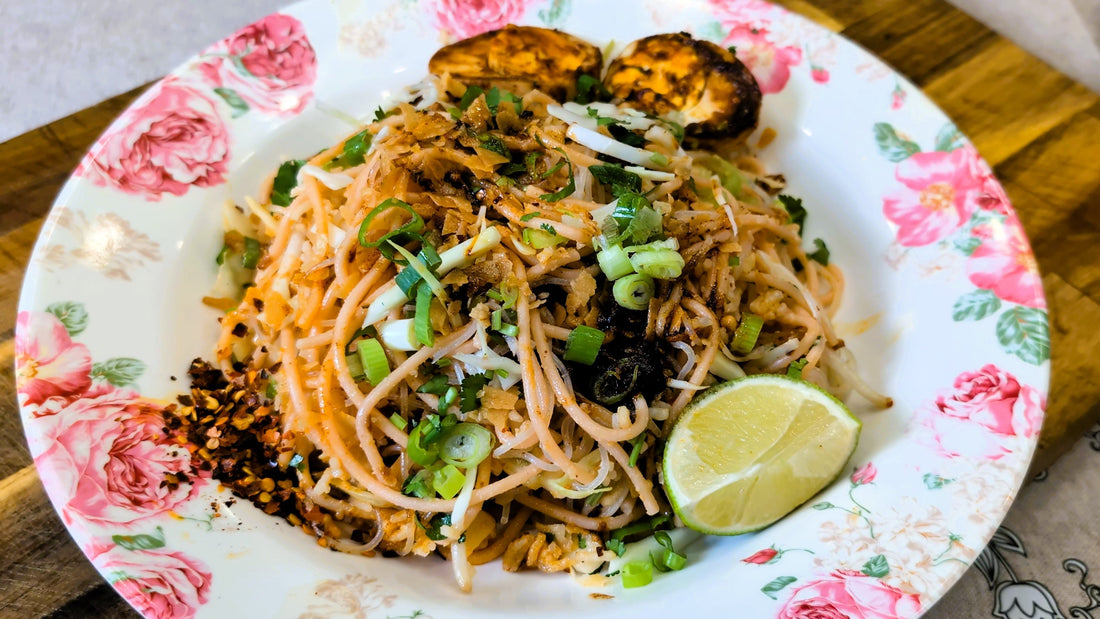 Burmese rice and noodles topped with Thami Letto chilli crisp, an introduction to Burmese cuisine